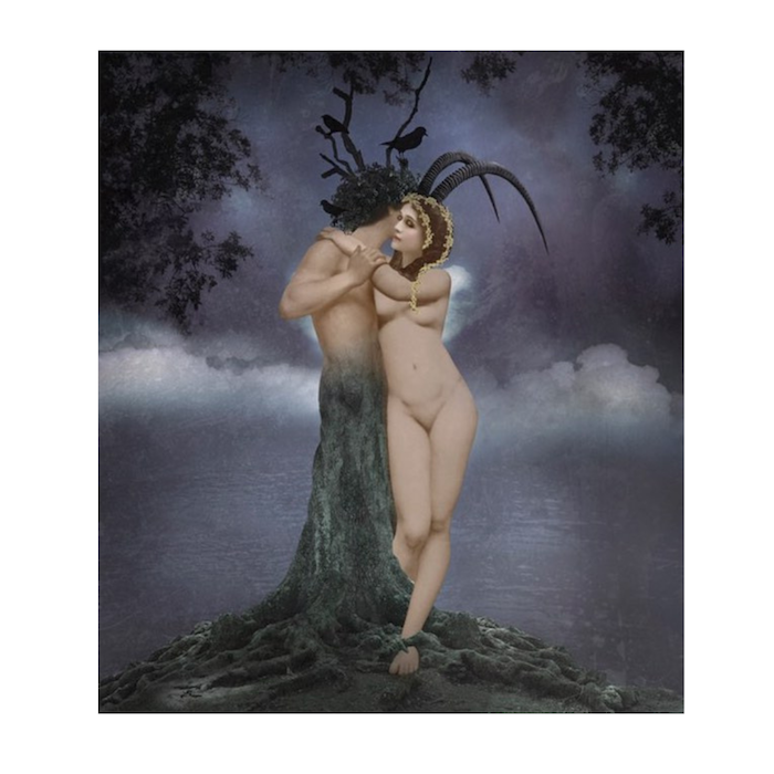 A nude man and woman stand entwined in front of a moonlit, misty lake. The mans lower body merges with a tree trunk, and he has antlers. The woman wears a headdress with long curved horns.