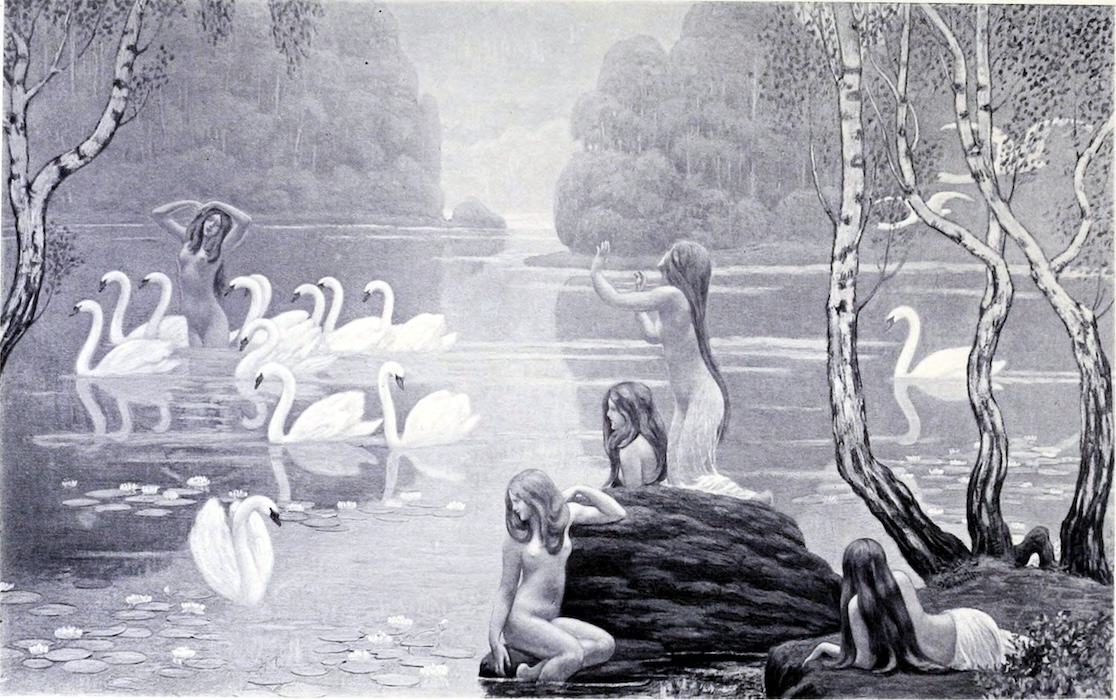 A black and white painting of swan maidens in their human bodies bathing in the lake and dancing; a scene inspiring romance and mysticism.