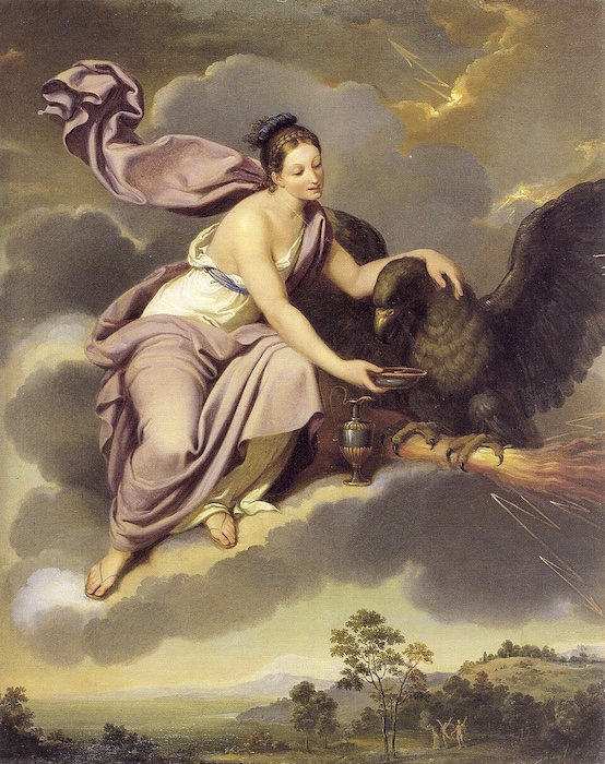 A woman wearing a flowing Greek dress gently feeding an eagle with sweet nectar in the sky.