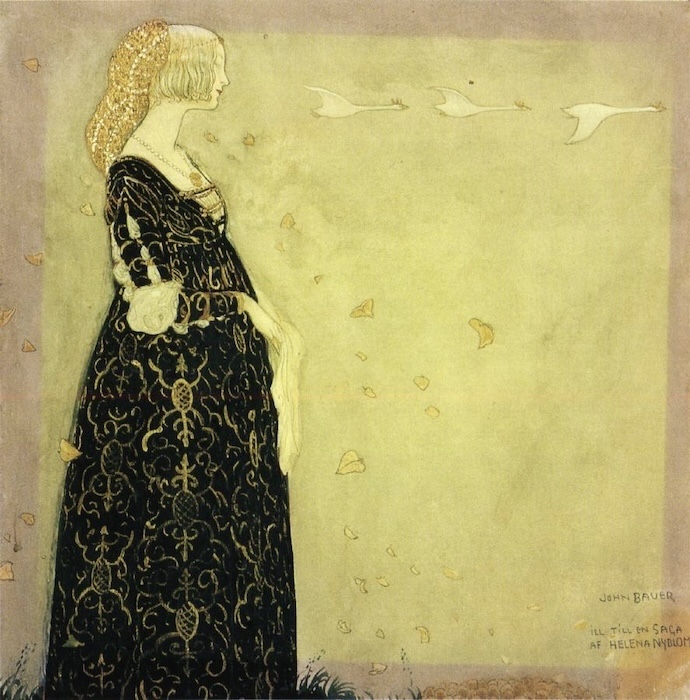 A swan maiden in her woman body, with blond hair, looking towards the horizon where the swan are flying in freedom.