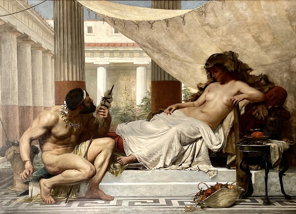 Hercules at the feet of Omphale (1874), by Édouard Joseph Dantan A muscular man sits shirtless near the bed of the shirtless woman, a queen with long hair, and he is spinning wool at her service. The painting portrays Hercules and Omphale.