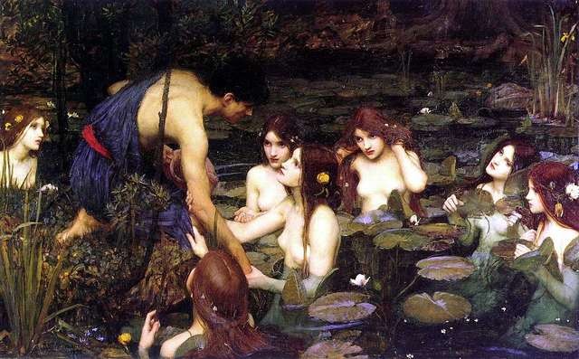 A painting showing mermaids in a lake, and a man with dark hair bowing to them and one of the mermaids is holding his hand. There are beautiful water lilies in the lake and the atmosphere looks serene, mysterious and mystical.