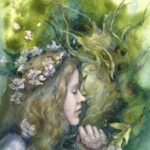 A watercolor painting of a young woman with flowers in her hair gently touching foreheads with a mystical, leafy green spirit or tree figure, surrounded by lush, dreamy greenery.