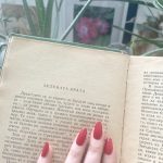 Woman hands with red nail polish on the pages of an old book, surrounded by lush green plants and beautiful roses photography framed in a white frame.