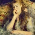 Impressionist painting of a young woman with long, light brown hair sitting on a patterned chair, her head resting on her hand, gazing thoughtfully forward. Soft, warm colors and gentle brushstrokes create a dreamy mood.
