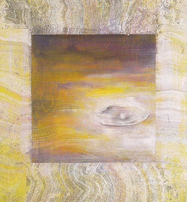 Abstract painting with swirling yellow, brown, and white patterns. A central square contains soft gradients of yellow and gray, with a subtle oval shape and light at its center, giving a dreamlike, ethereal effect.