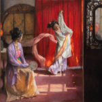 Two women in traditional Asian attire are in a richly decorated room; one sits holding a fan, while the other dances gracefully with a long pink ribbon in front of a sunlit red curtain.