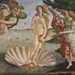 A painting shows a nude woman standing on a seashell at the shore, covering herself with her hair. To the left, two figures blow wind, and to the right, a woman in a flowing dress reaches out with a cloak.
