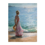 A woman in a flowing pink and white dress stands on a sandy beach, holding a straw hat, gazing at the sparkling sea with gentle waves and a distant sailboat under a bright sky.