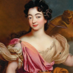 A classical oil painting of a woman with dark curly hair, wearing a pink and cream draped dress with jeweled accents, posed in front of a brown and blue background. She gazes outward with a slight smile.