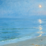 A serene seashore at dusk with gentle waves, a calm blue sea, and a glowing moon reflected on the water, with a sandy beach in the foreground.