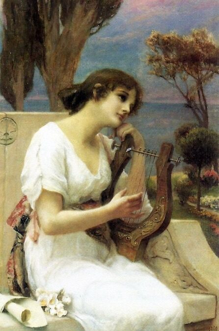 A beautiful graceful woman with white dress playing the lyre, in a romantic setting on a terrace near the sea. The atmosphere is dreamy, ethereal, gentle and romantic.