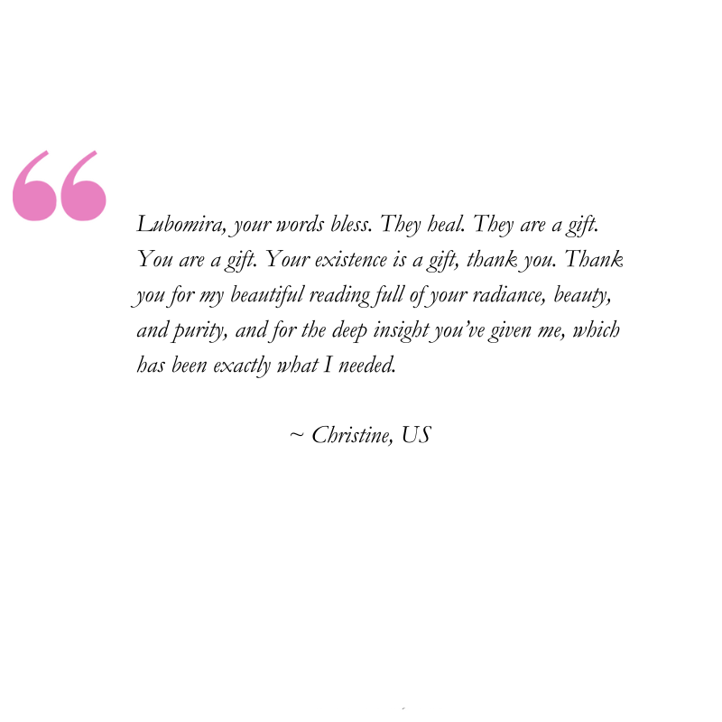 A testimonial with a pink quotation mark saying that Lubomira is a blessing and her words heal and bless and are a gift, and she too is a gift and her existence is a gift.