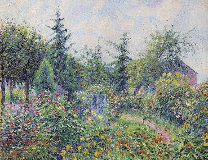 A lush garden of trees and flowers, with nuances of colours and beautiful blue sky.