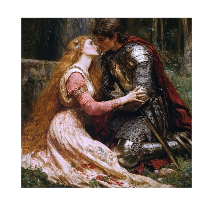The Pre-Raphaelite art showing a kneeling warrior for his beloved maiden, in a tender embrace. She has long blonde hair and fair skinned, and he is wearing his armour. The scene is romantic and inspired by medieval and early Renaissance art.