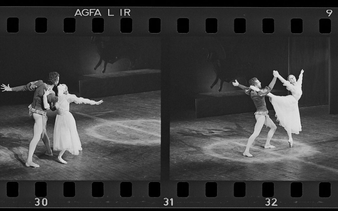 Two photos showing ballet dancers on stage in black and white colour palette. In the photo of the left the ballet dancers are in an embrace showing closeness and romance, and in the second photo on the right the ballerina is dancing on pointe and the man is holding her up gently.