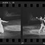 Two photos showing ballet dancers on stage in black and white colour palette. In the photo of the left the ballet dancers are in an embrace showing closeness and romance, and in the second photo on the right the ballerina is dancing on pointe and the man is holding her up gently.