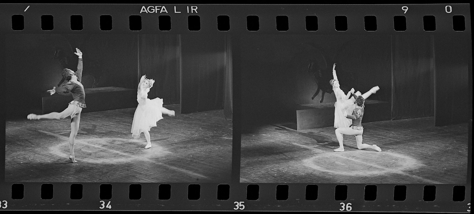 Two photos of ballet dancers on stage dancing. On the left the two are on opposite ends of the stage facing each other and both are on pointe, and on the right photo the male dancer has kneeled and holding the ballerina.