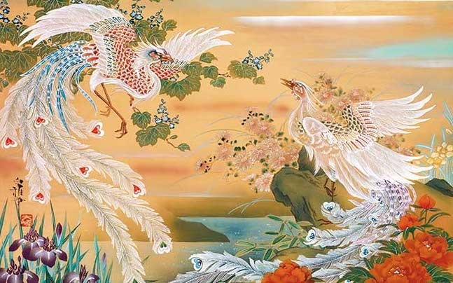 A Japanese painting of two white phoenix looking at its each other. The colours are lush and radiant, with shades of yellow, orange, red, green and pastels, making the scene serene, romantic and ethereal.