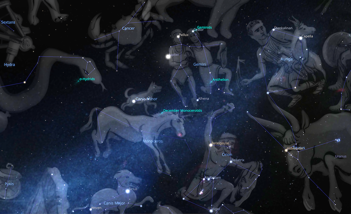 Stellatium image showing the band of the Milky Way through Alhena fixed star at the foot of Pollux from the Gemini constellation.