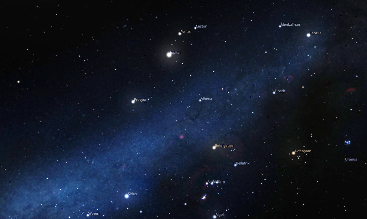 Stellarium image showing fixed star Alhena as part of the band of the Milky Way.