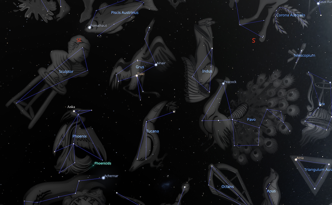 An image from Stellarium showing the Southern constellations of Phoenix, Grus, Tucana and Peacock.