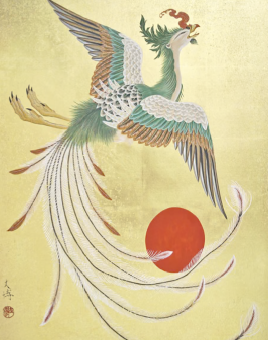 A Japanese painting of a phoenix with yellow background and the white phoenix is rising above the red sun. The phoenix is white with some green and yellow on its feathers.