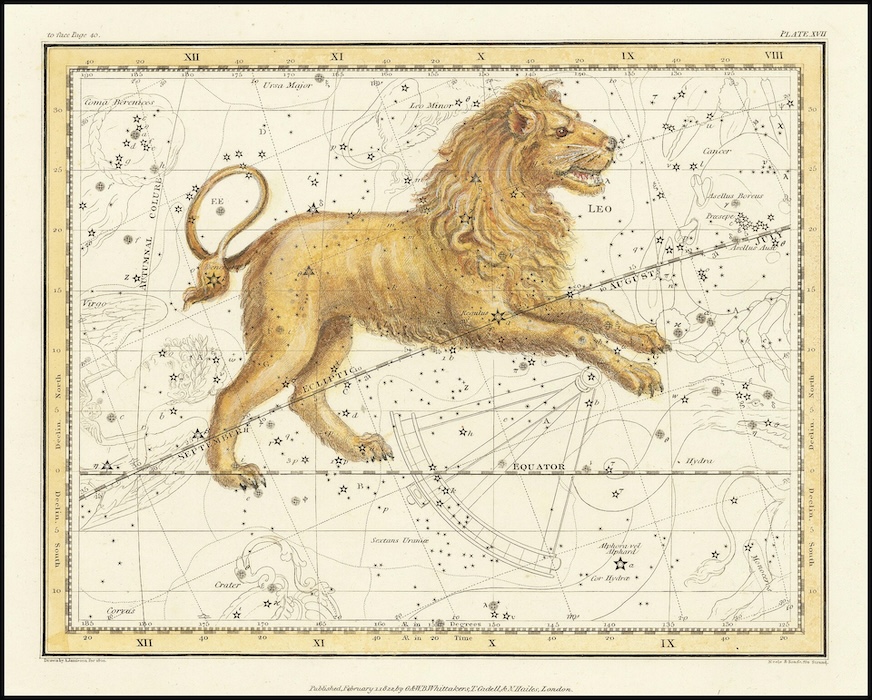 An old painting showing the the celestial Leo constellation with the eliptic path and fixed star Regulus at the heart of the lion.