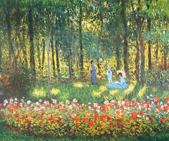 An impressionist painting shows two adults and a little boy all sitting in a beautiful garden with tall trees, lush green and colourful roses.