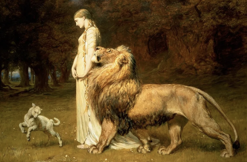 A painting with a woman wearing a long white robe with long blonde hair in a braid, standing beside a lion who looks at her with gentleness and protection, and in front of them is a little lamb jumping in freedom and safety. Surrounding them are tall trees, and the scene is peaceful and romantic with gentle nuanced colours.