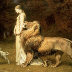 A painting with a woman wearing a long white robe with long blonde hair in a braid, standing beside a lion who looks at her with gentleness and protection, and in front of them is a little lamb jumping in freedom and safety. Surrounding them are tall trees, and the scene is peaceful and romantic with gentle nuanced colours.