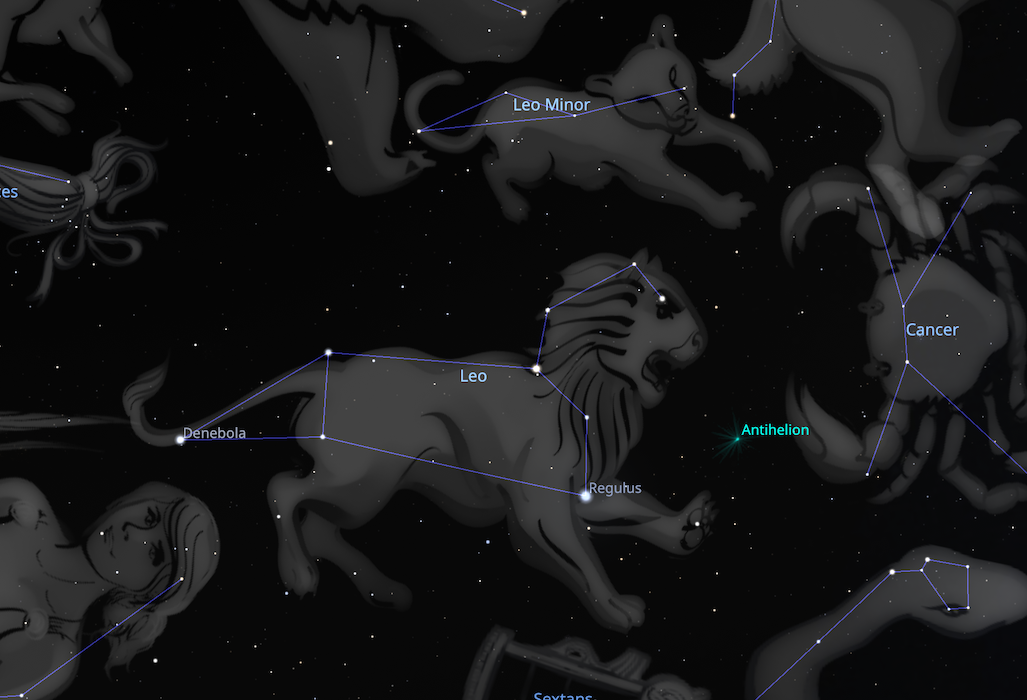 Image from Stellarium showing the celestial Leo constellation with fixed star Regulus at the heart of the lion.