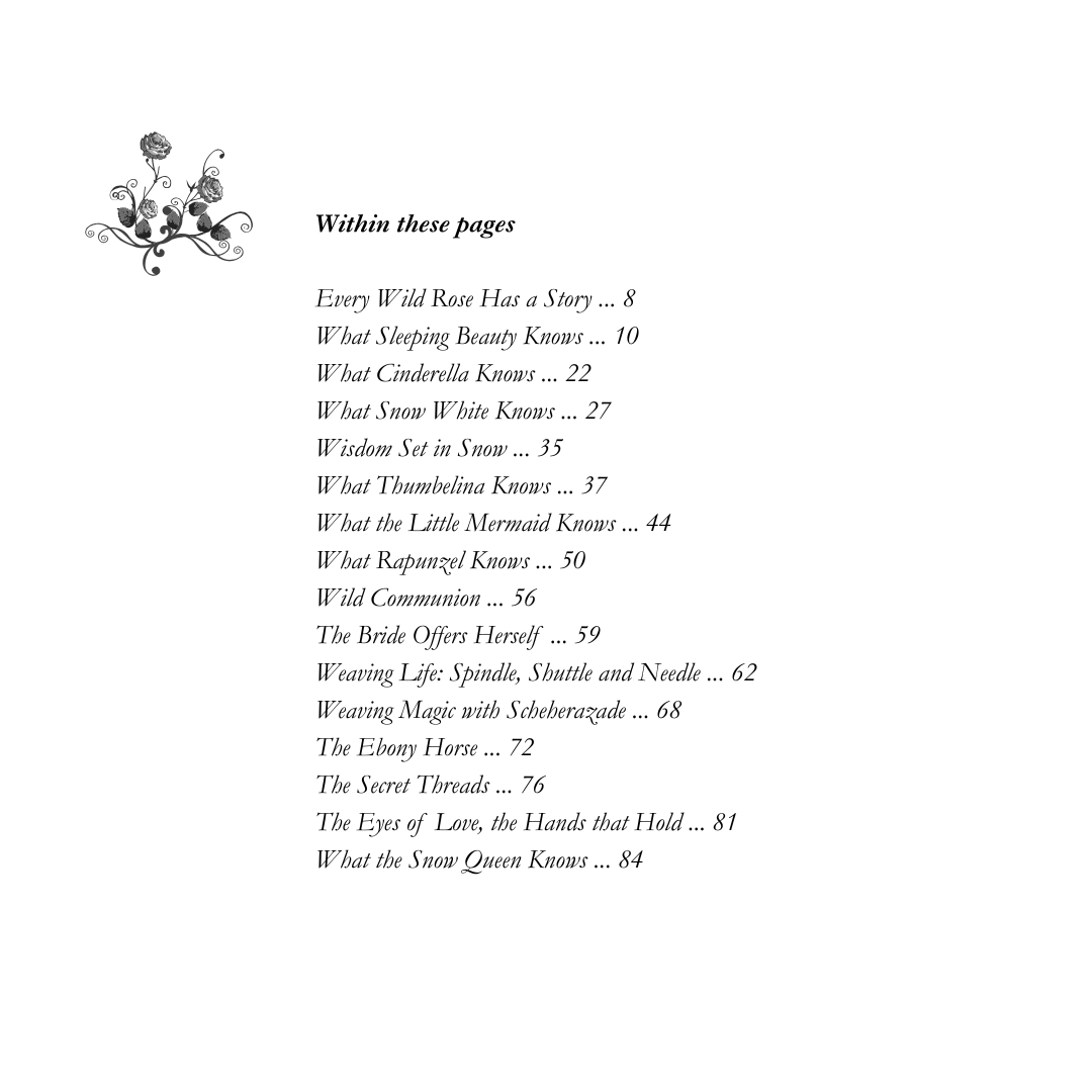 Table of contents shown for a book, with a rose illustration in a vintage fairytale book style.