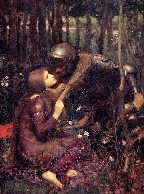 A old painting showing a knight in armour kneeling on the ground beside a maiden who is wrapping her long hair around him. The scene is romantic and ethereal. She wears a long dress, has long hair and is gazing at him, while he seems enchanted completely.