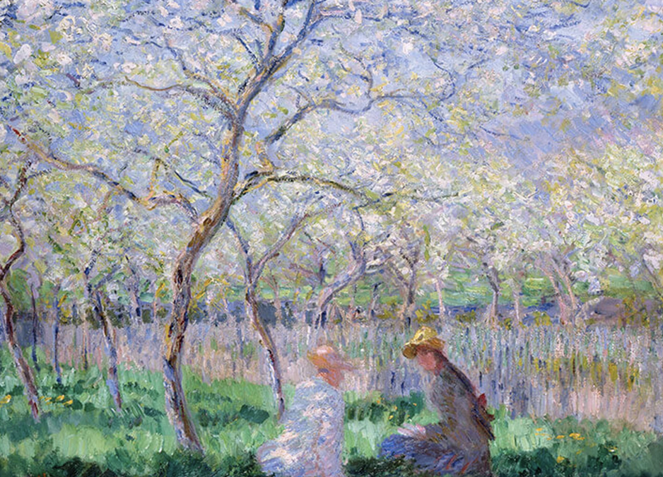 A painting showing a man and woman under the blossom of trees in a lush garden outside. The scene is serene with gentle nuances of blues, whites, pinks and greens.