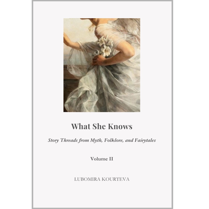 Book cover of an essay collection, with art showing a woman wearing a white silk dress and holding white flowers.