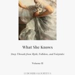 Book cover of an essay collection, with art showing a woman wearing a white silk dress and holding white flowers.