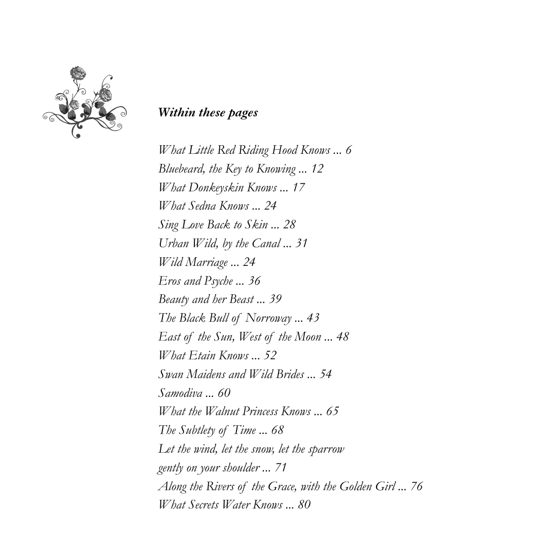 Table of contents shown for a book, with a rose illustration in a vintage fairytale book style.